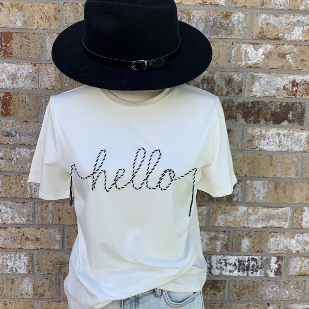 Hello Stitched Embroidery Tee NWT